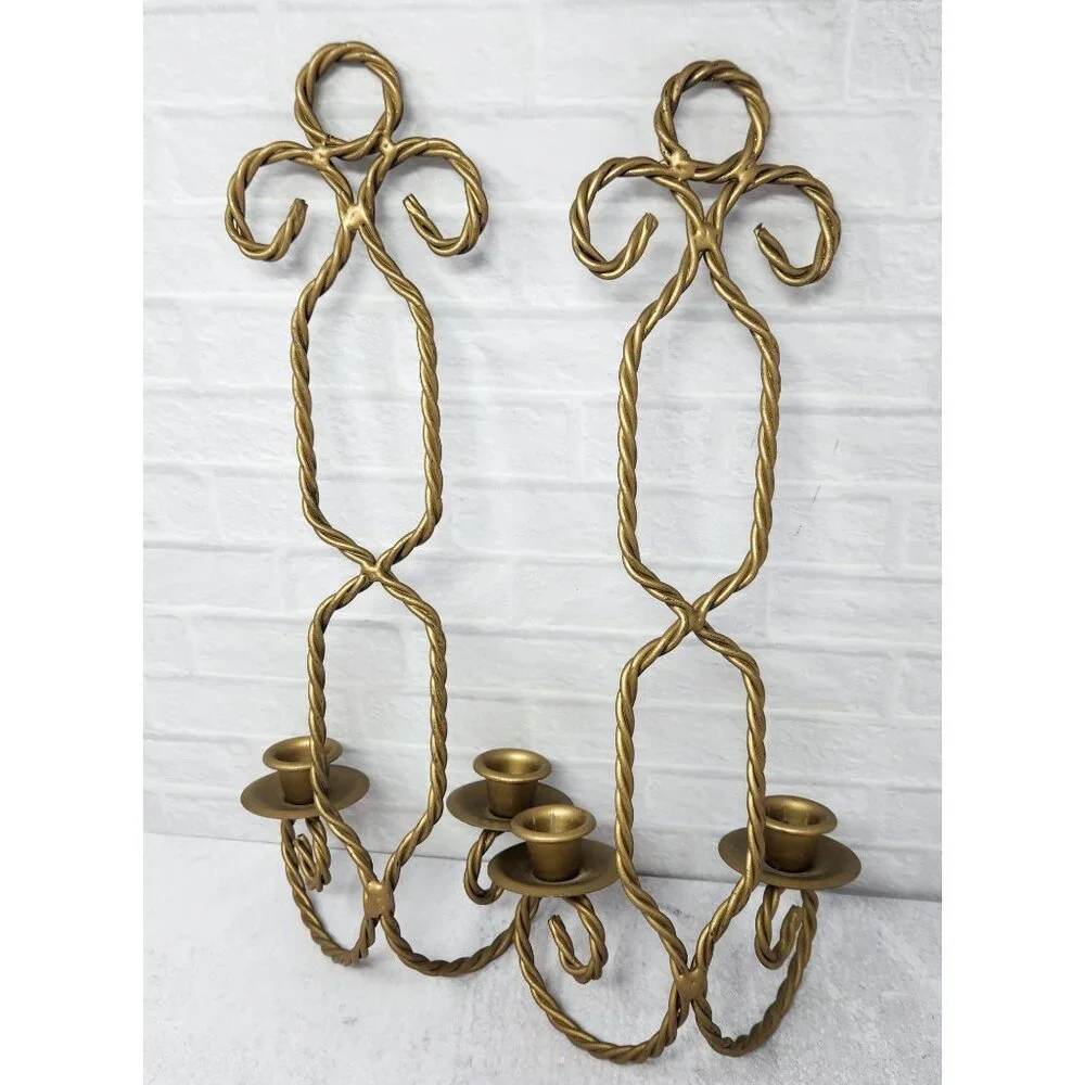Vintage Pair Mid-Century Gold Brass Twisted Rope Wire Candle Holders MCM‎ Candle
